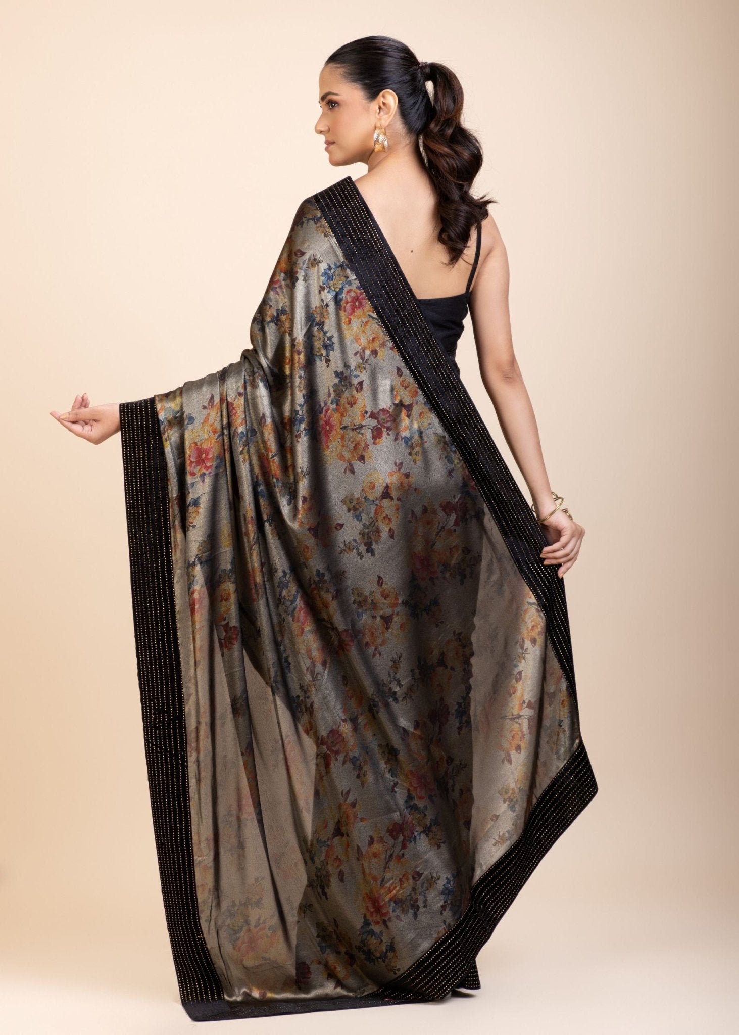 Black Sequin Party Wear Saree with Black Velvet Border - Anvi Couture