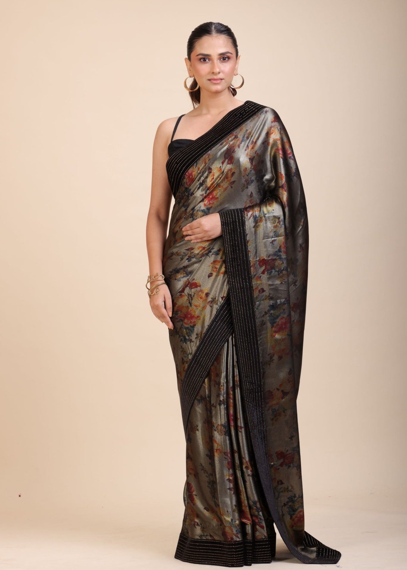 Black Sequin Party Wear Saree with Black Velvet Border - Anvi Couture