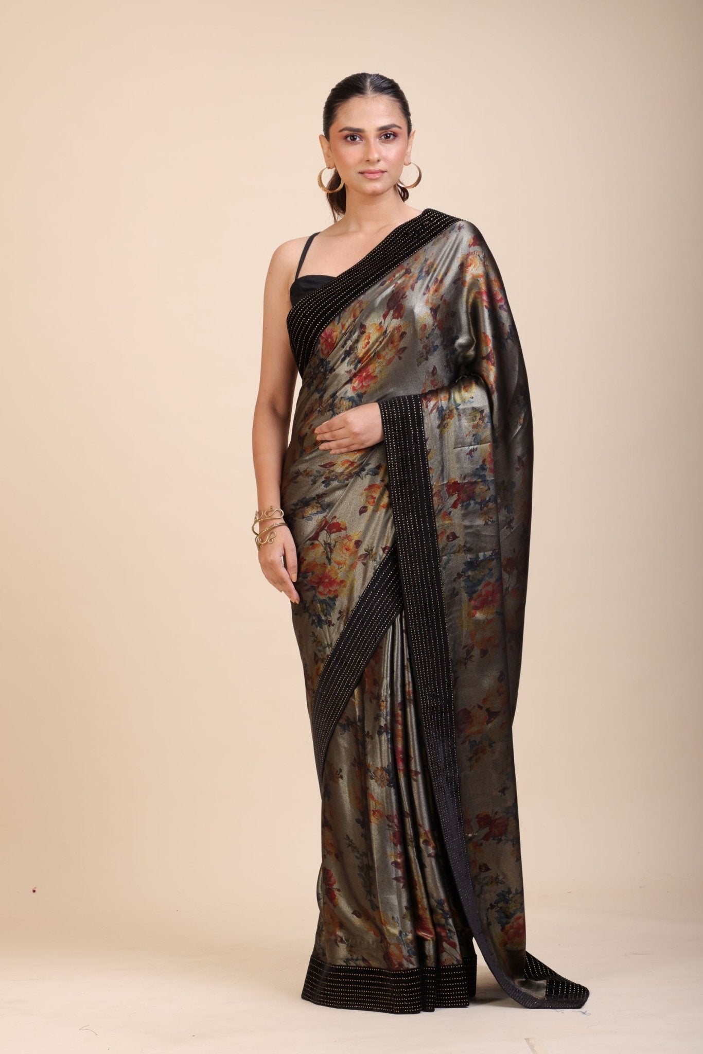 Black Sequin Party Wear Saree with Black Velvet Border - Anvi Couture