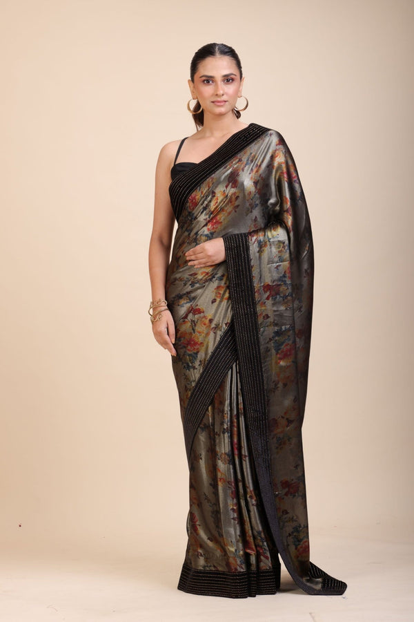 Black Sequin Party Wear Saree with Black Velvet Border - Anvi Couture