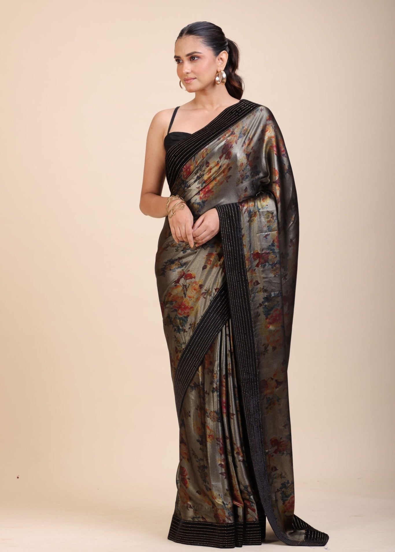 Black Sequin Party Wear Saree with Black Velvet Border - Anvi Couture