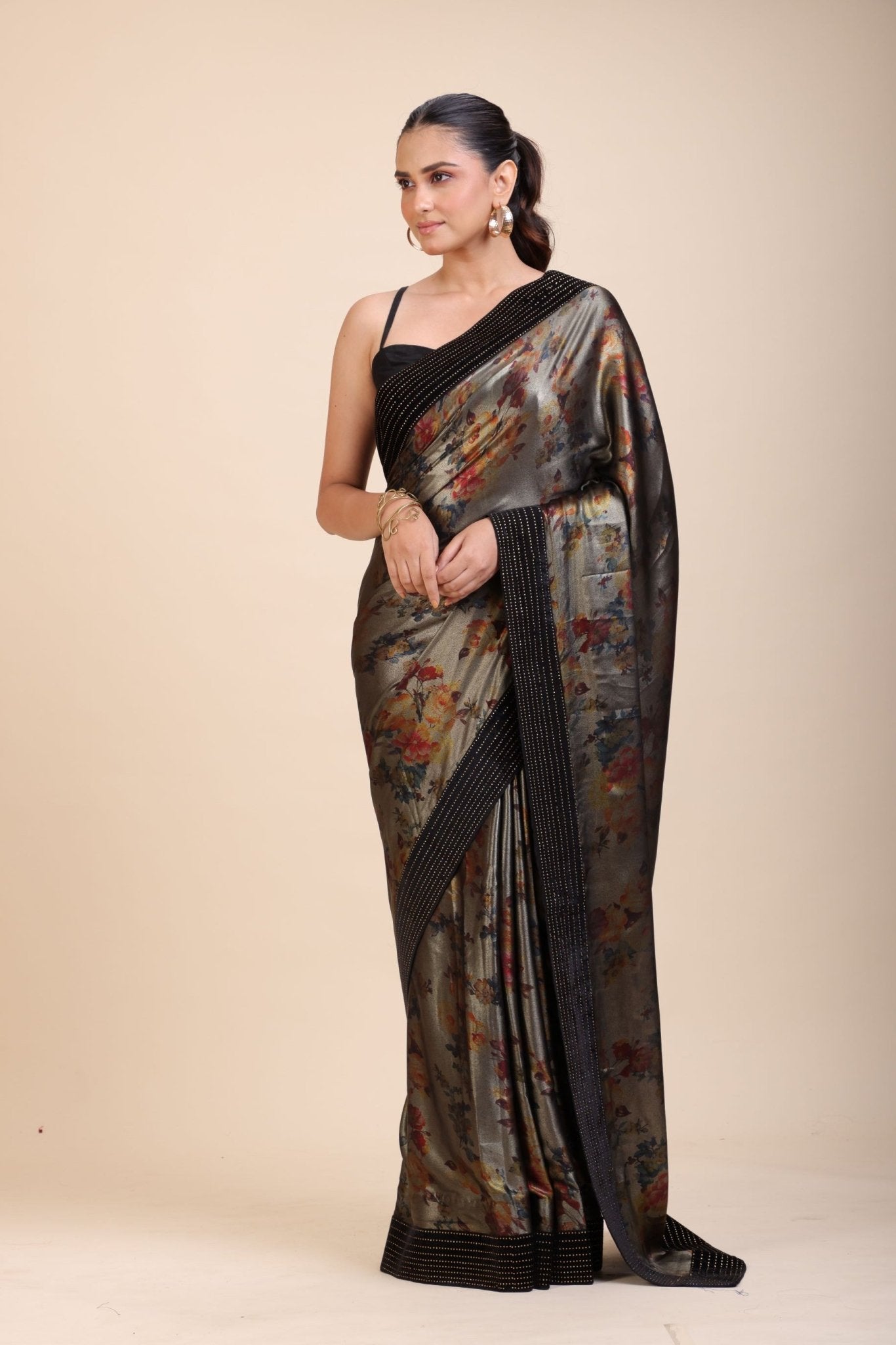 Black Sequin Party Wear Saree with Black Velvet Border - Anvi Couture