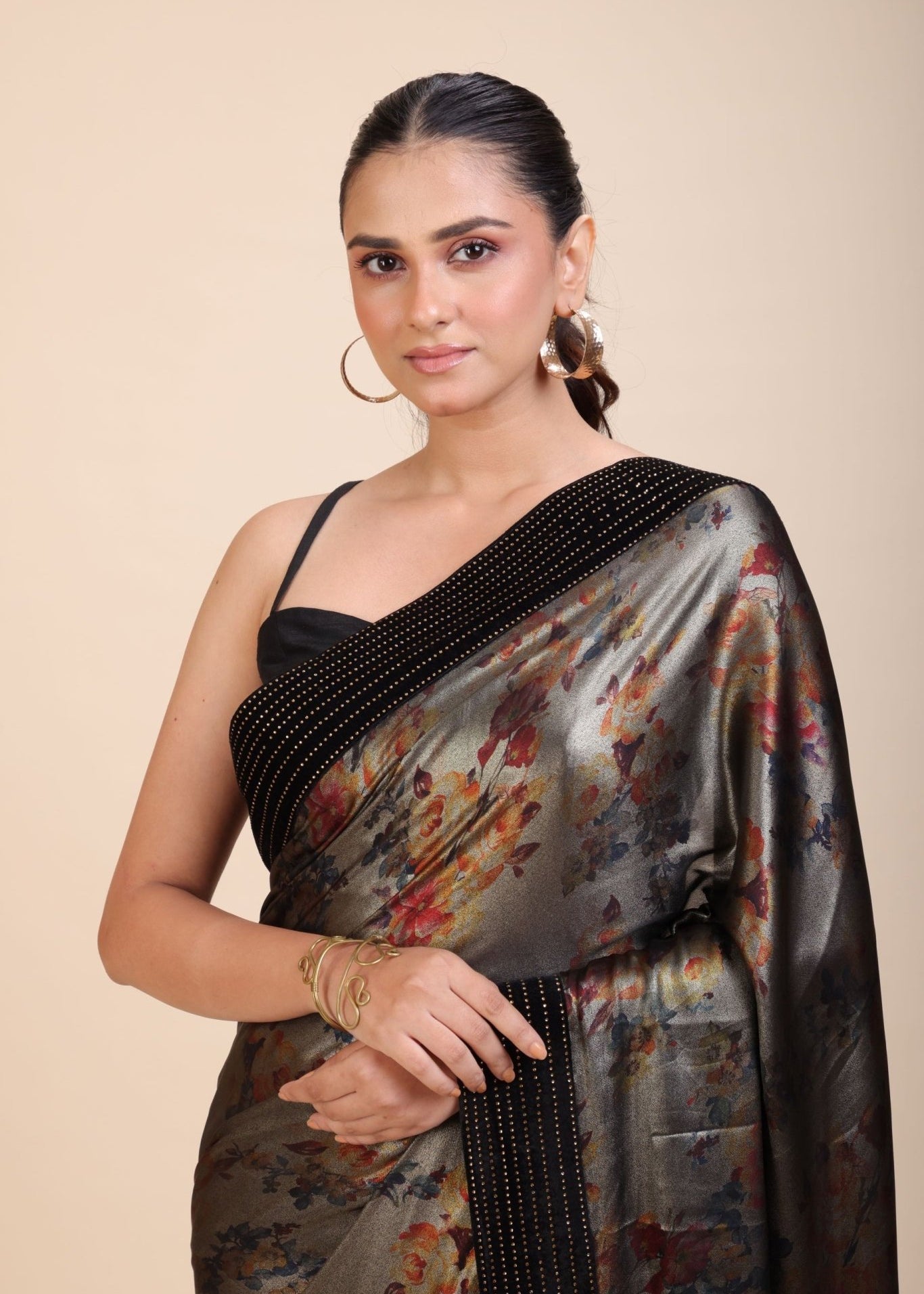 Black Sequin Party Wear Saree with Black Velvet Border - Anvi Couture
