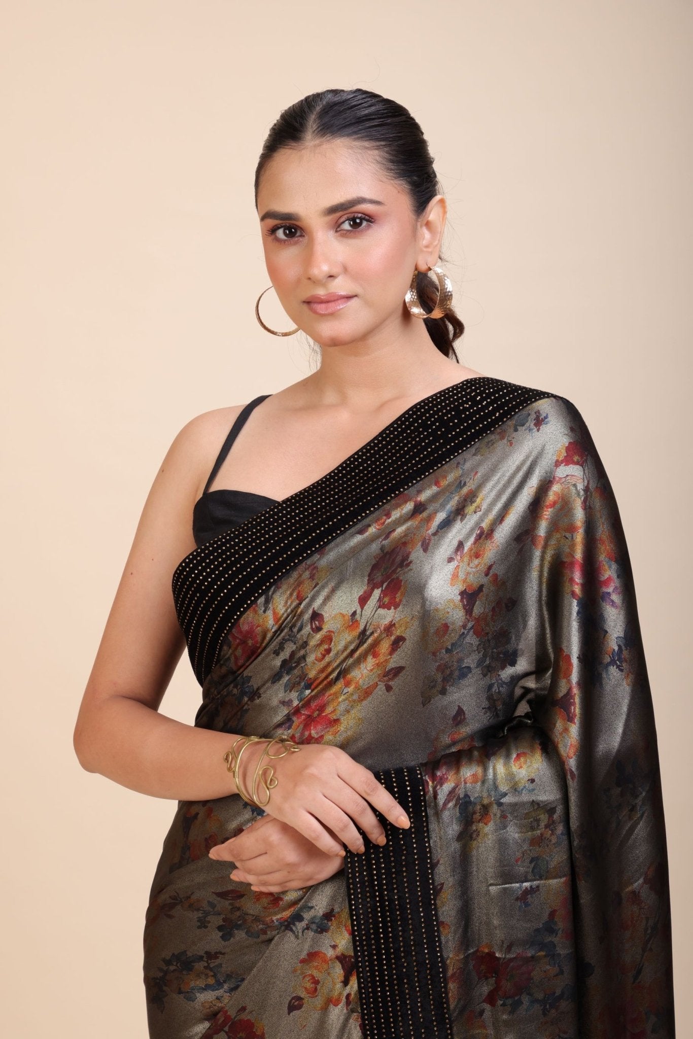 Black Sequin Party Wear Saree with Black Velvet Border - Anvi Couture