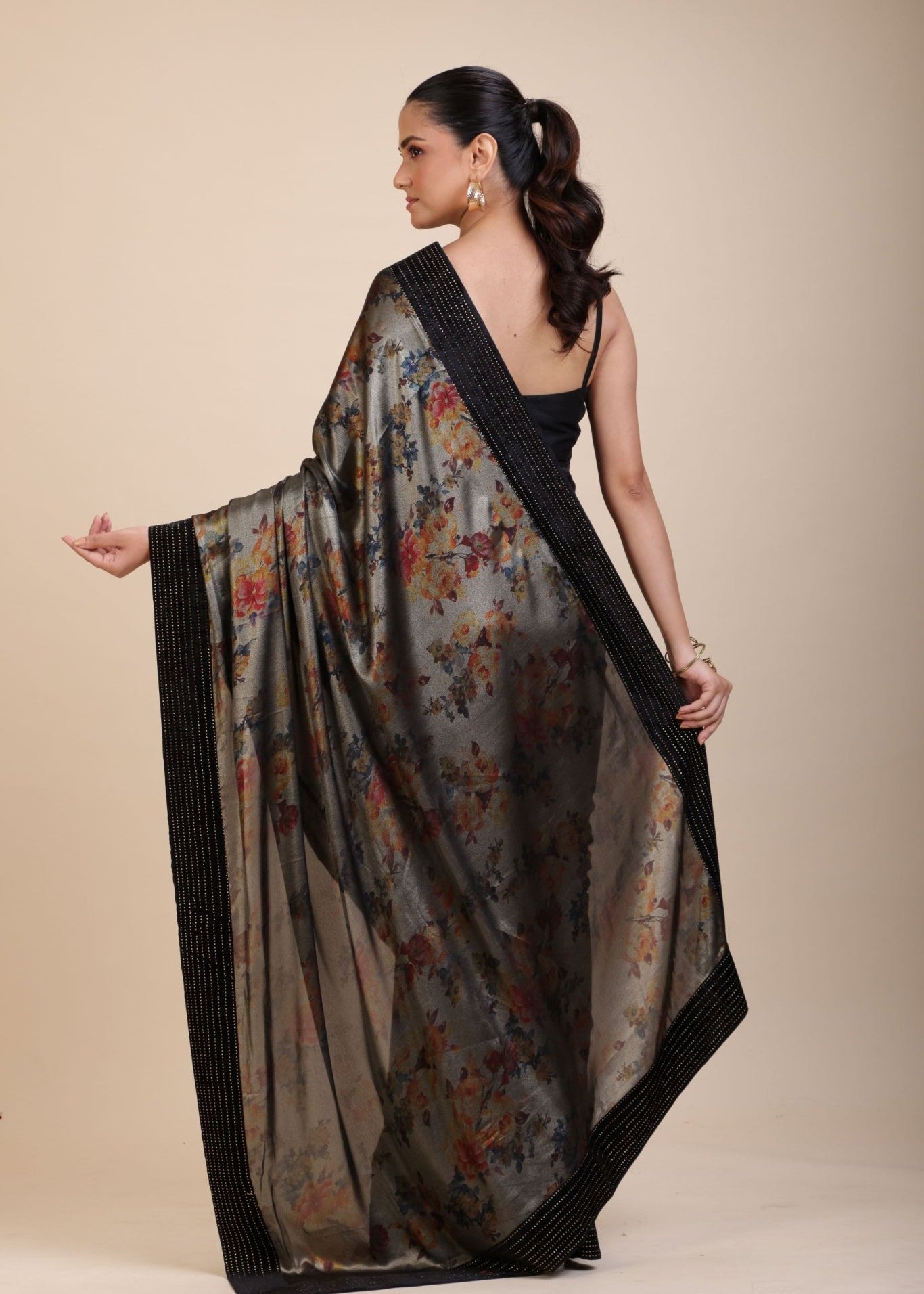 Black Sequin Party Wear Saree with Black Velvet Border - Anvi Couture