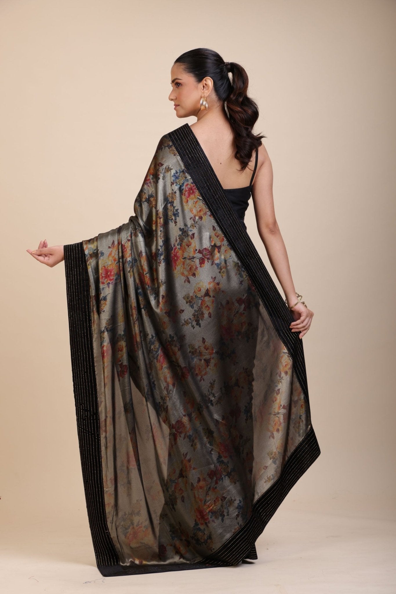 Black Sequin Party Wear Saree with Black Velvet Border - Anvi Couture