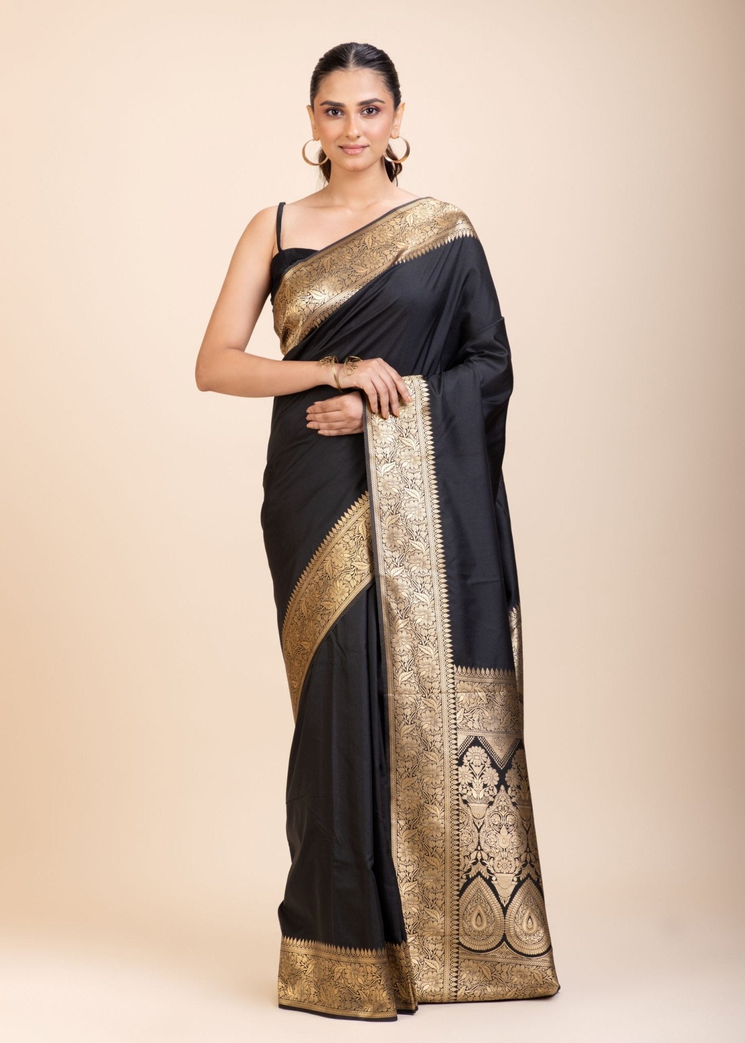 Black Silk Saree With Golden Border - Anvi Couture