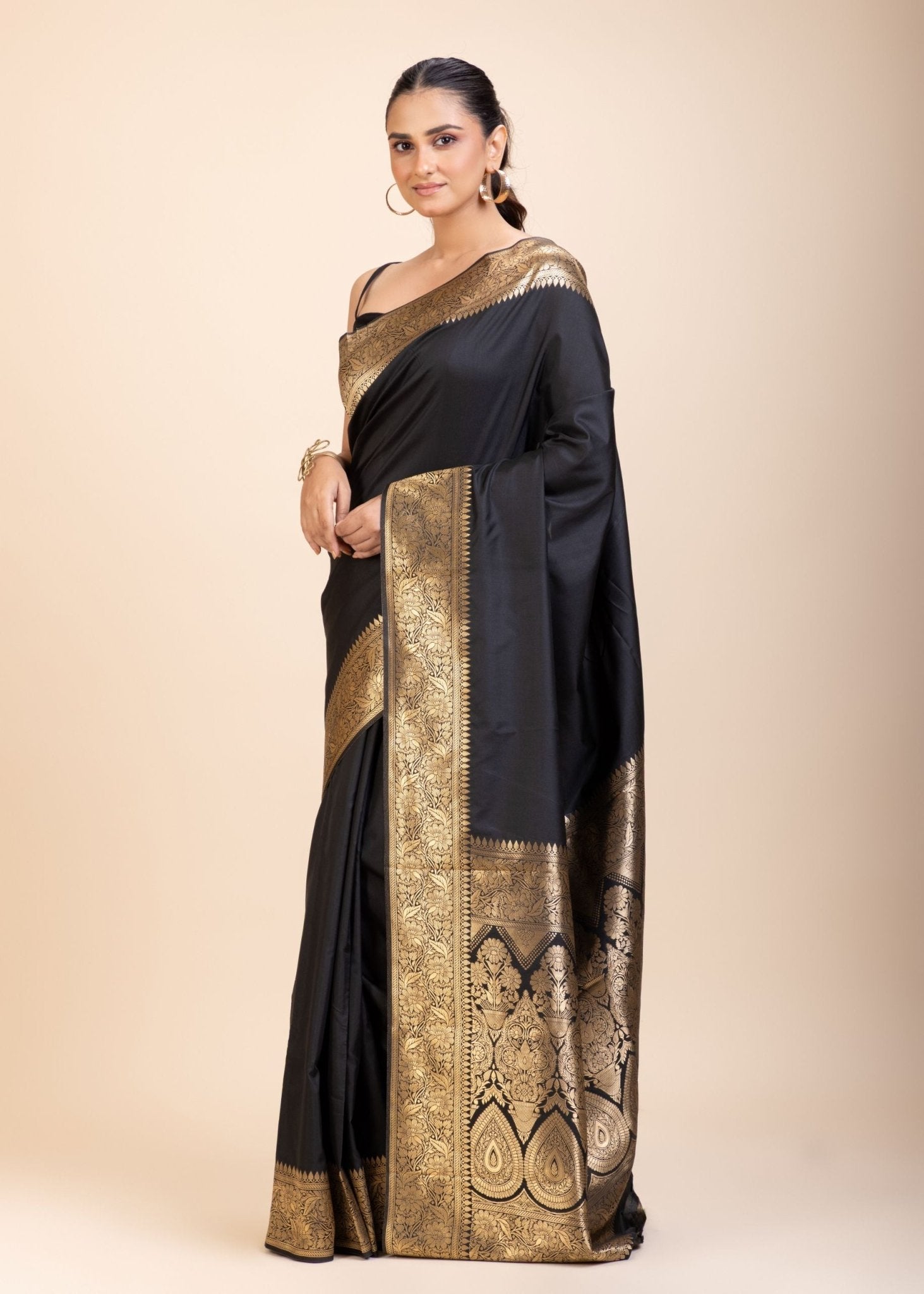 Black Silk Saree With Golden Border - Anvi Couture