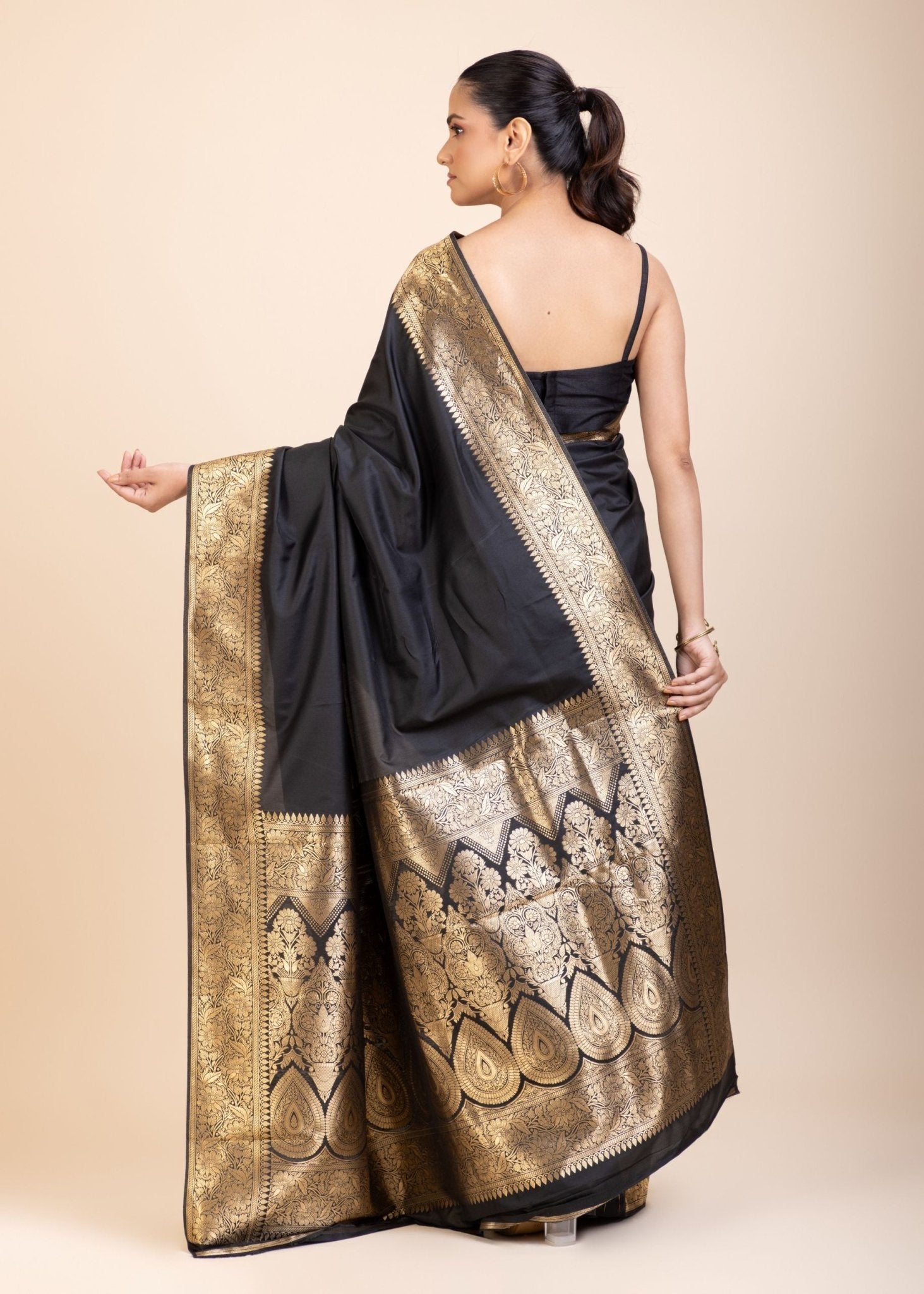 Black Silk Saree With Golden Border - Anvi Couture