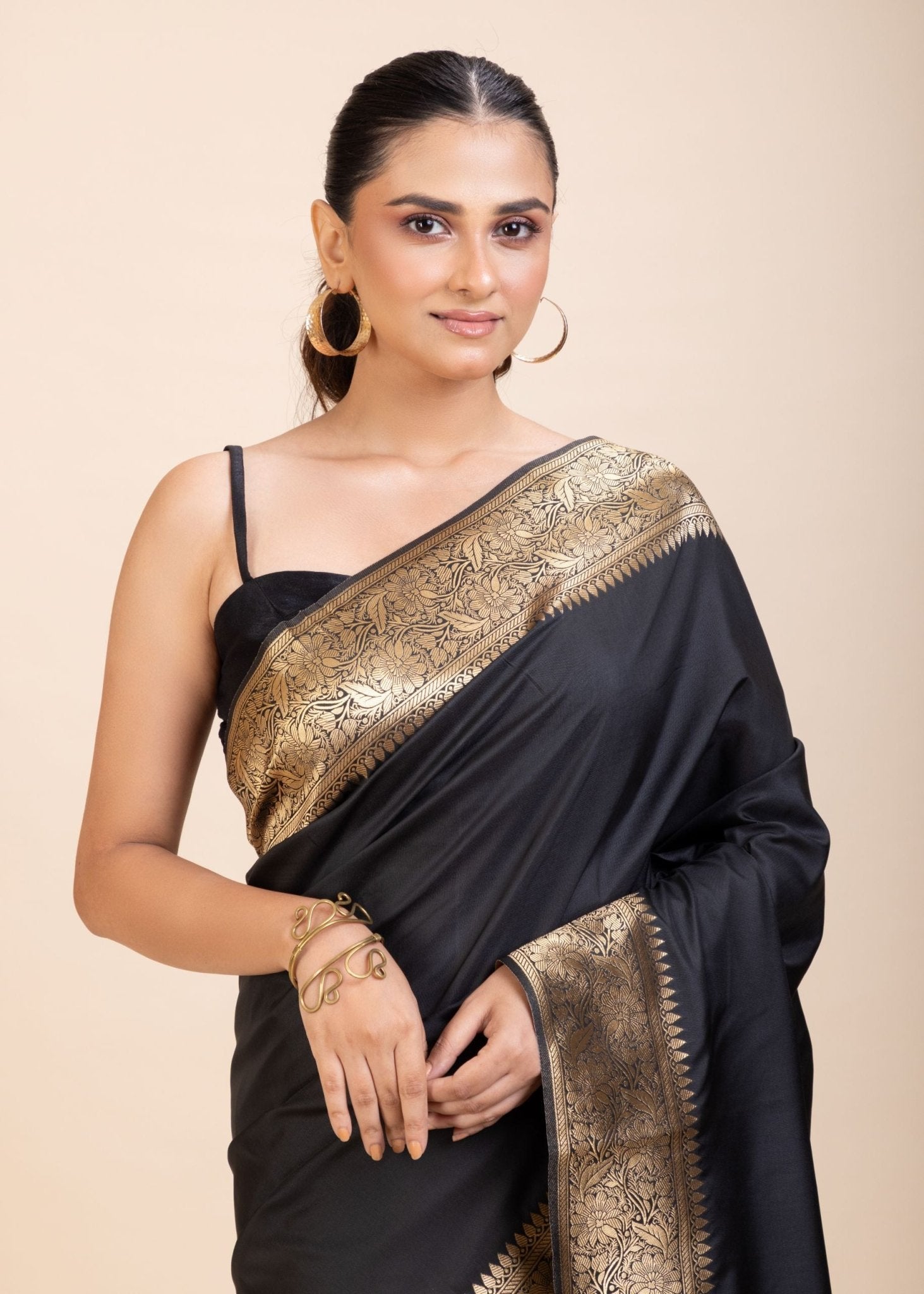 Black Silk Saree With Golden Border - Anvi Couture
