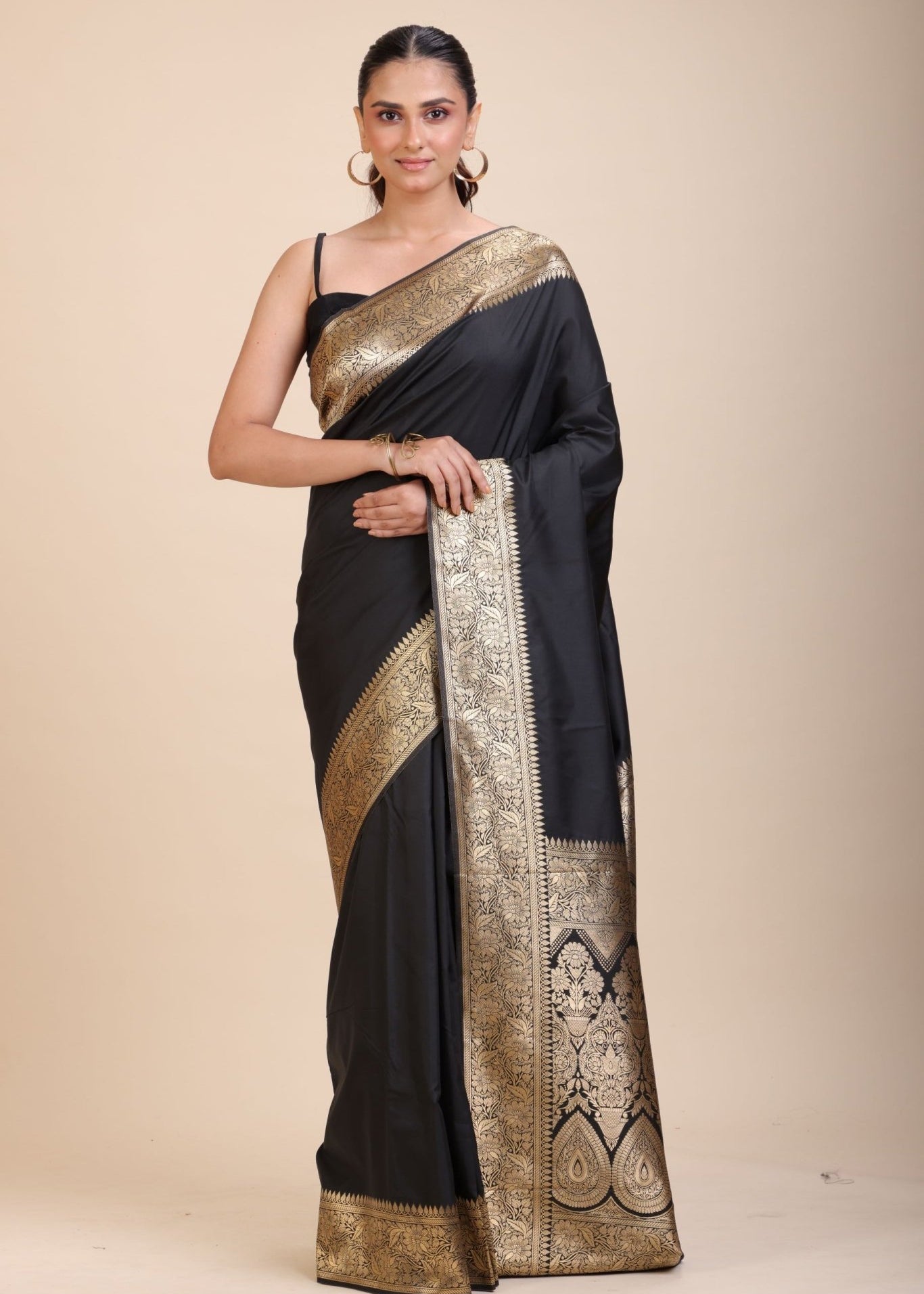 Black Silk Saree With Golden Border - Anvi Couture