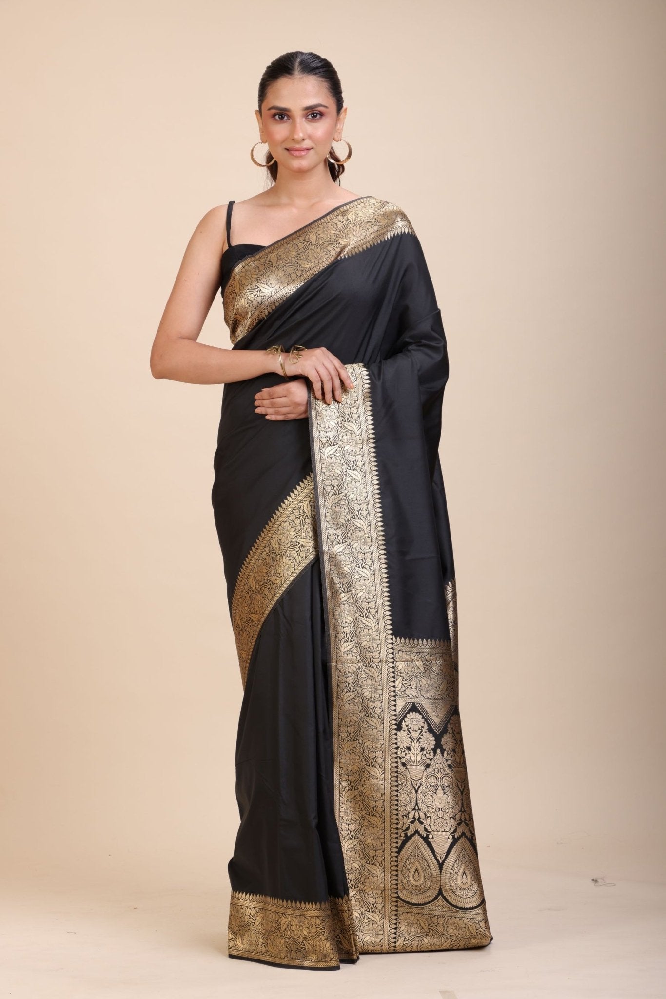 Black Silk Saree With Golden Border - Anvi Couture