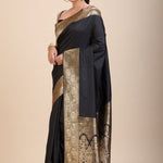 Black Silk Saree With Golden Border - Anvi Couture