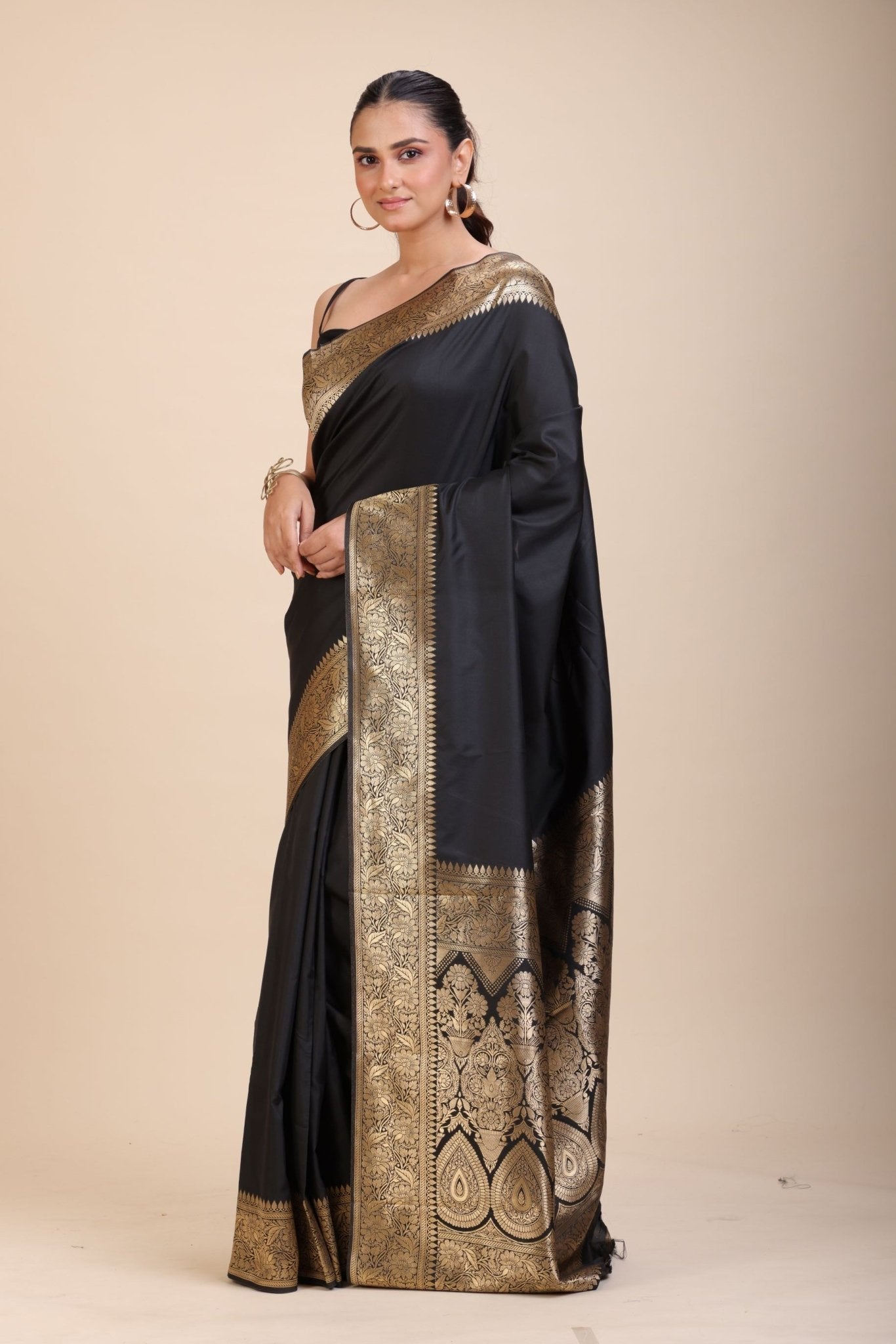 Black Silk Saree With Golden Border - Anvi Couture
