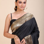 Black Silk Saree With Golden Border - Anvi Couture