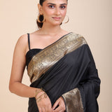 Black Silk Saree With Golden Border - Anvi Couture