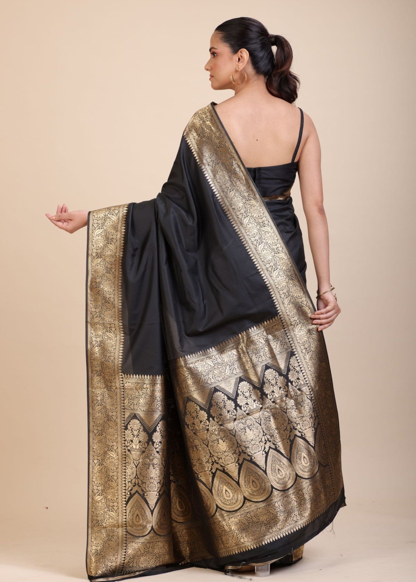 Black Silk Saree With Golden Border - Anvi Couture