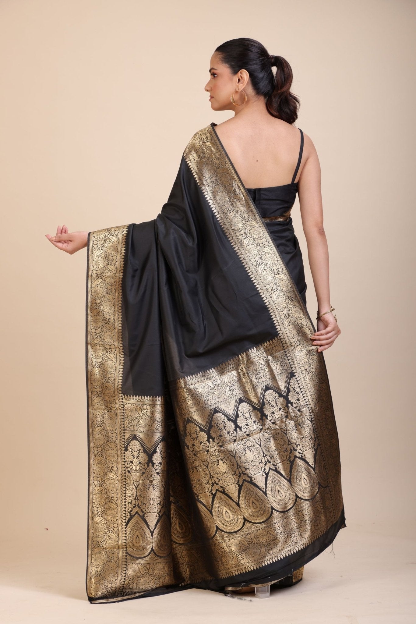 Black Silk Saree With Golden Border - Anvi Couture