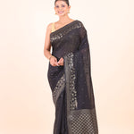 Black Silk Saree With Golden Zari Floral Woven Border Front View