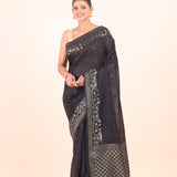 Black Silk Saree With Golden Zari Floral Woven Border Front View