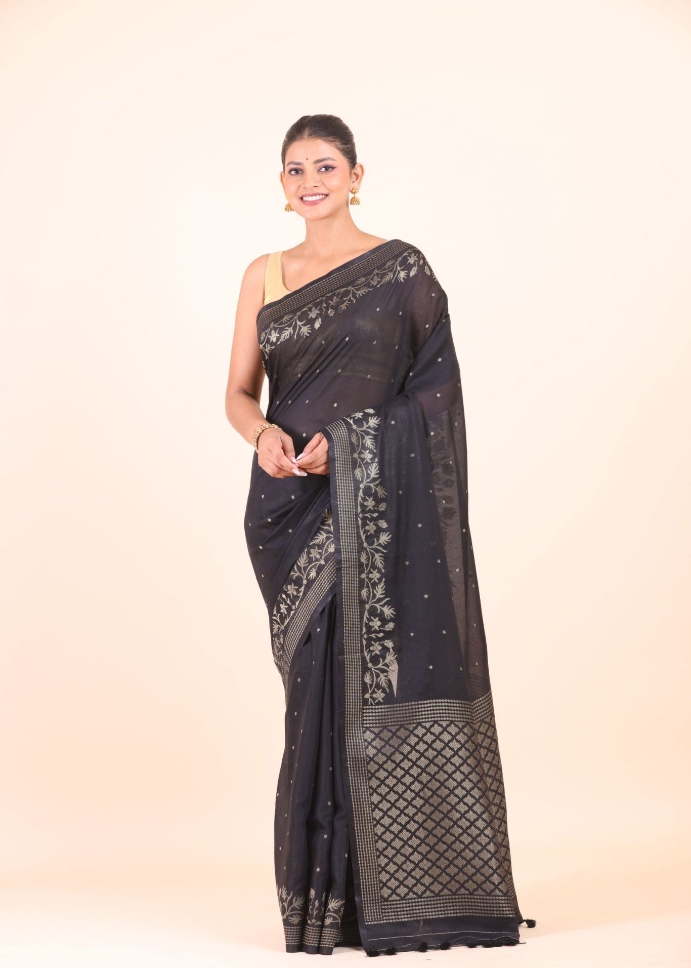 Black Silk Saree With Golden Zari Floral Woven Border - Anvi Couture