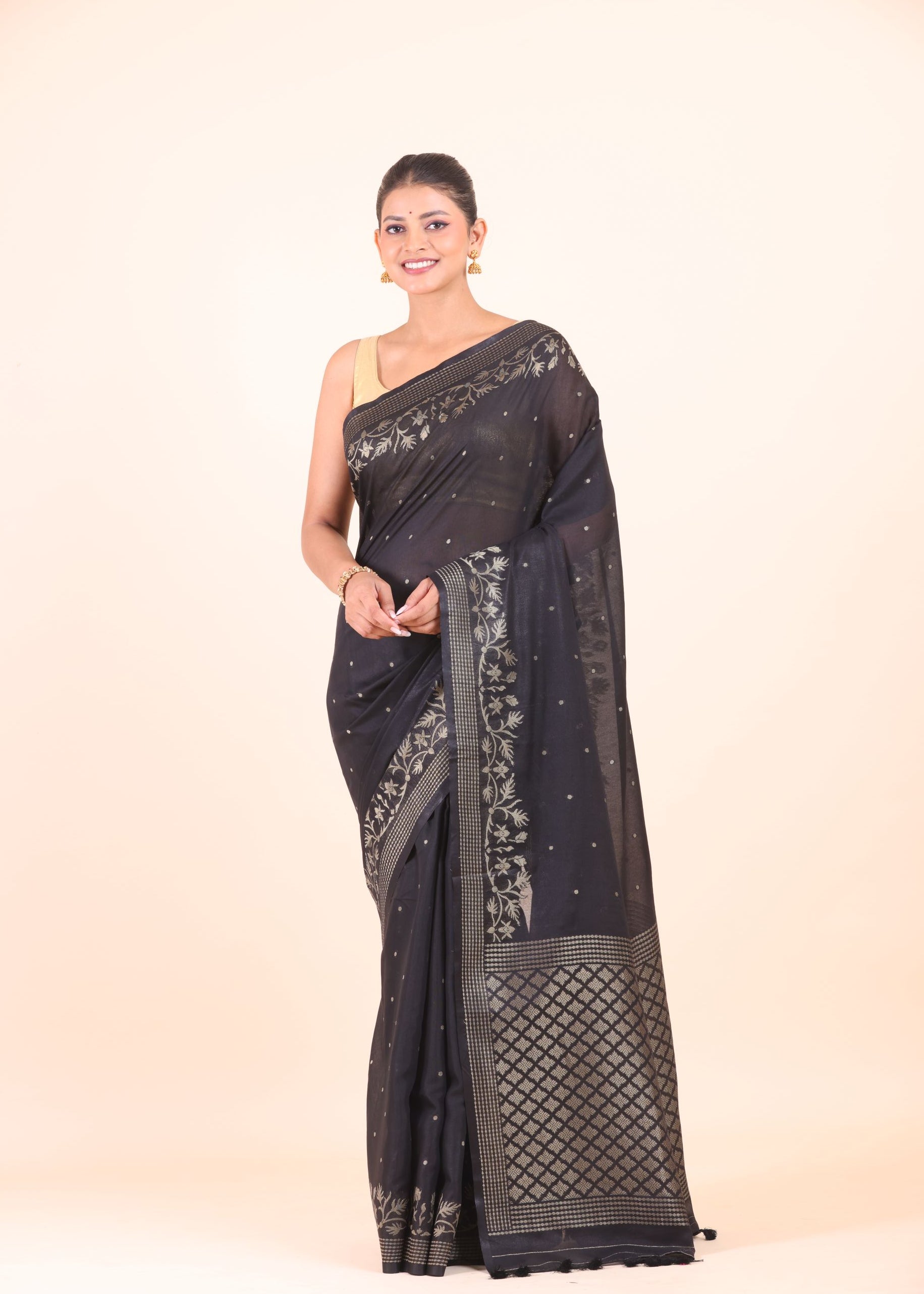 Black Silk Saree With Golden Zari Floral Woven Border Front View