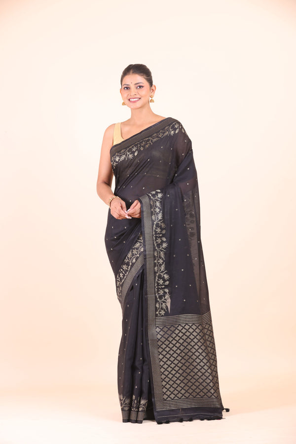 Black Silk Saree With Golden Zari Floral Woven Border Front View