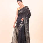 Black Silk Saree With Golden Zari Floral Woven Border Side View