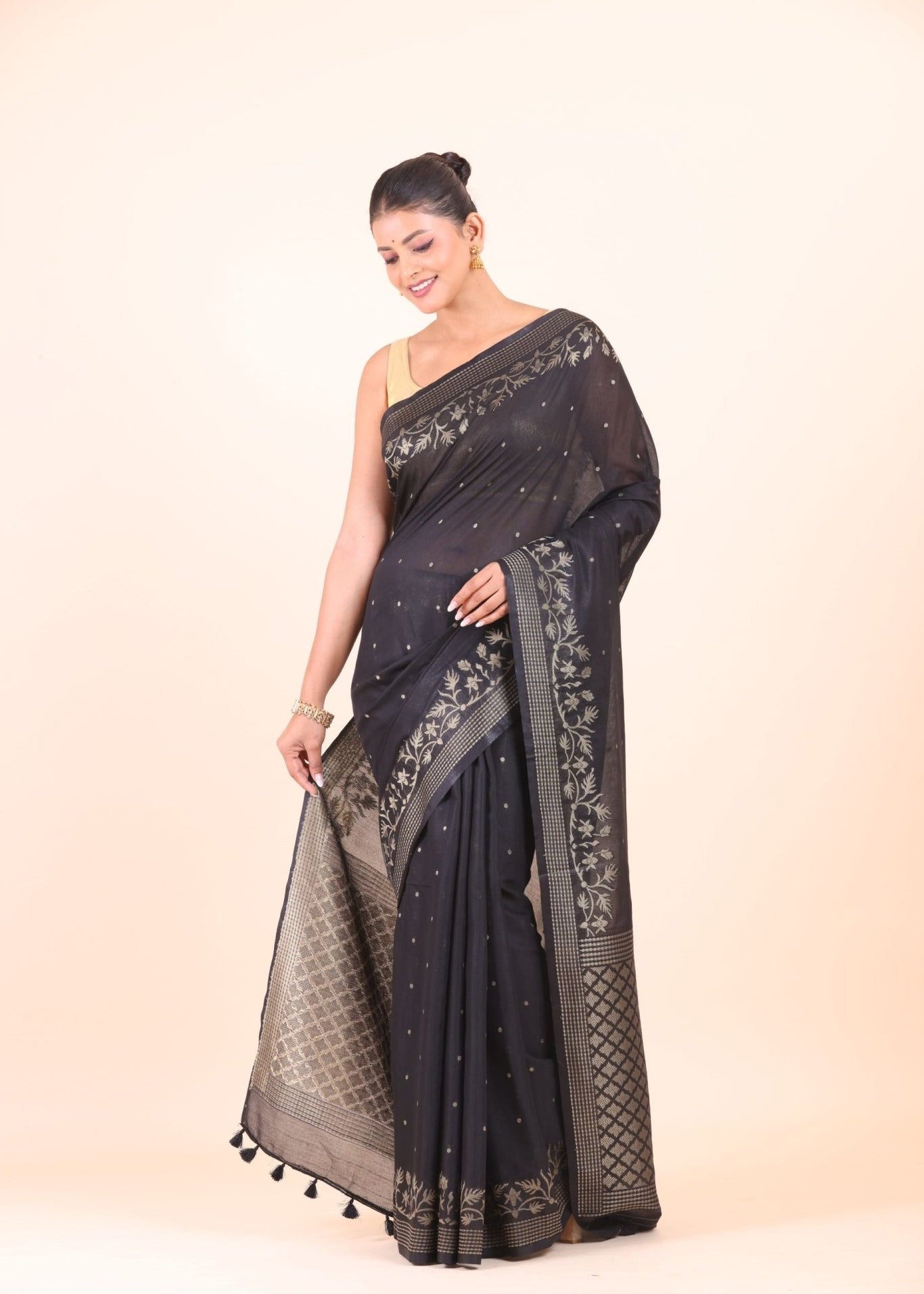 Black Silk Saree With Golden Zari Floral Woven Border - Anvi Couture
