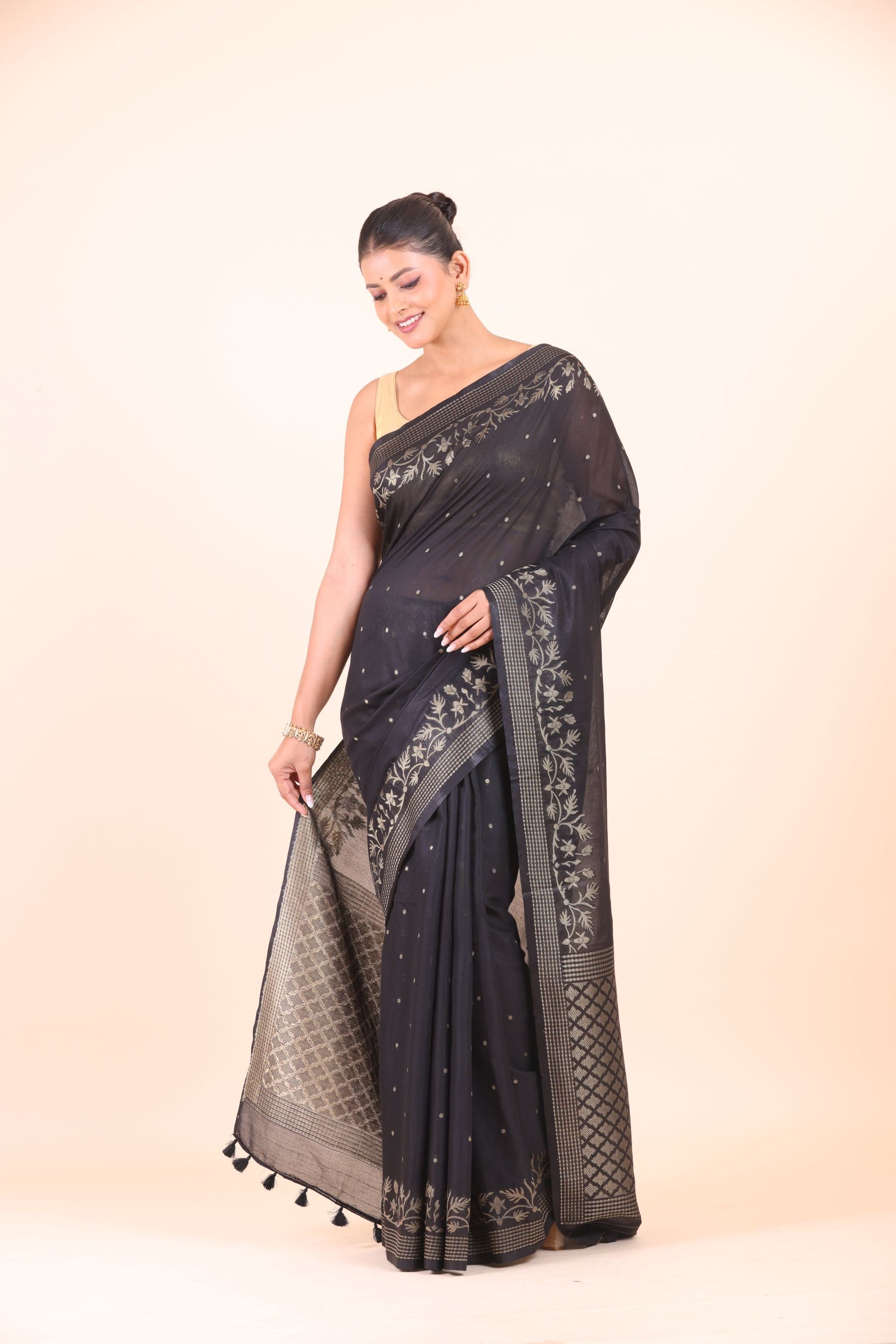 Black Silk Saree With Golden Zari Floral Woven Border Side View