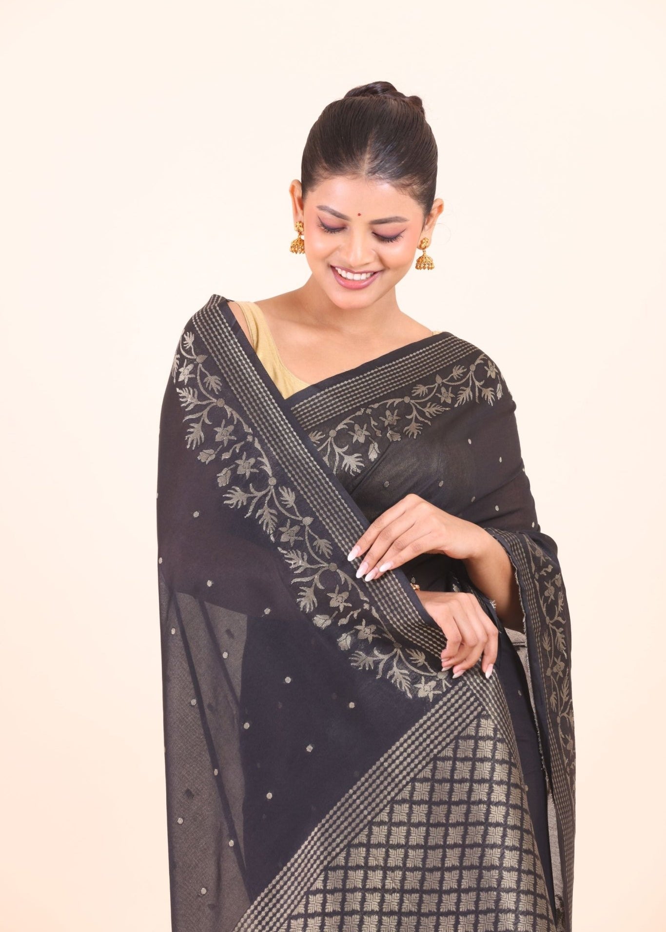 Black Silk Saree With Golden Zari Floral Woven Border - Anvi Couture