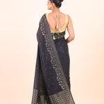 Black Silk Saree With Golden Zari Floral Woven Border Back View