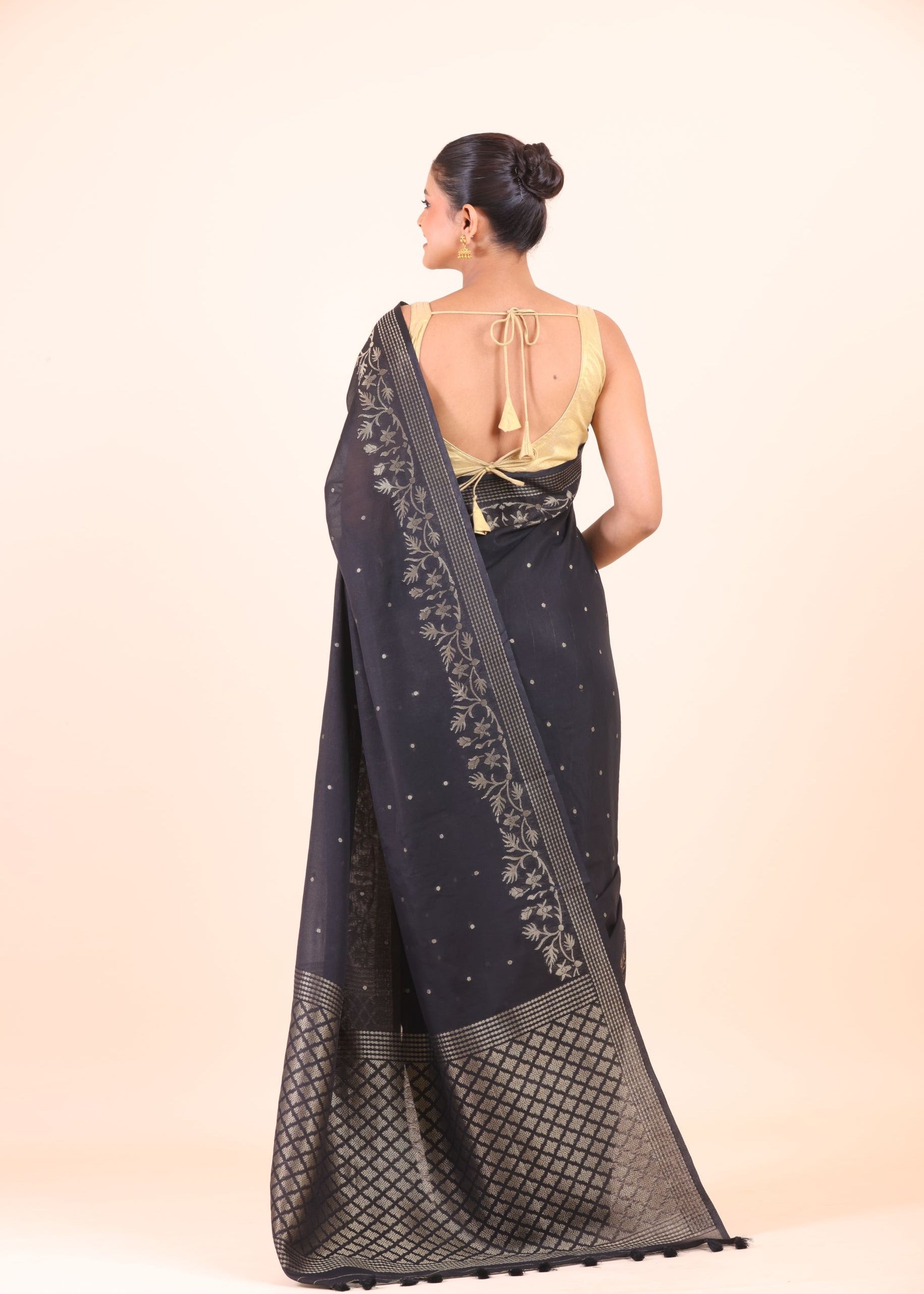 Black Silk Saree With Golden Zari Floral Woven Border Back View