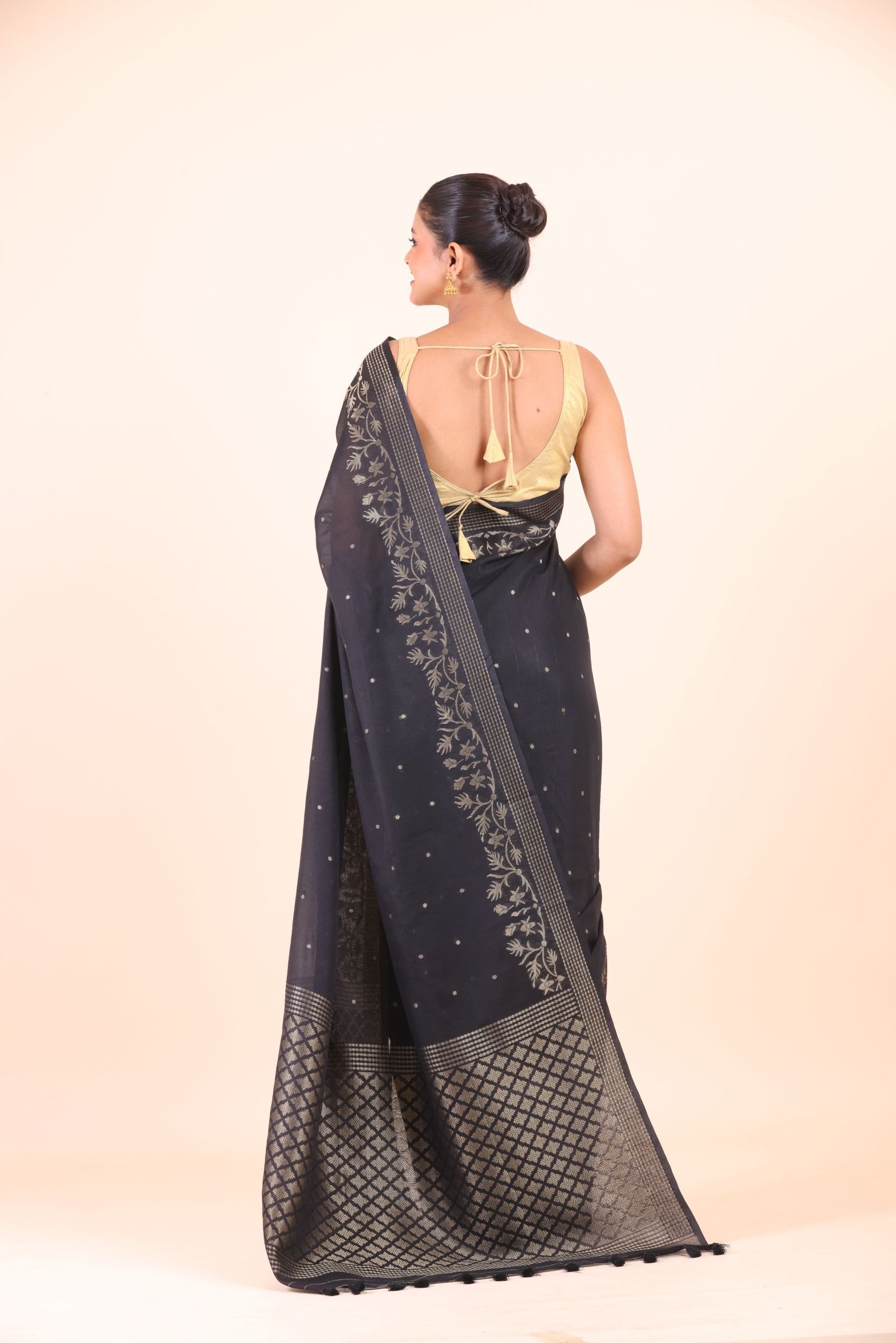 Black Silk Saree With Golden Zari Floral Woven Border Back View