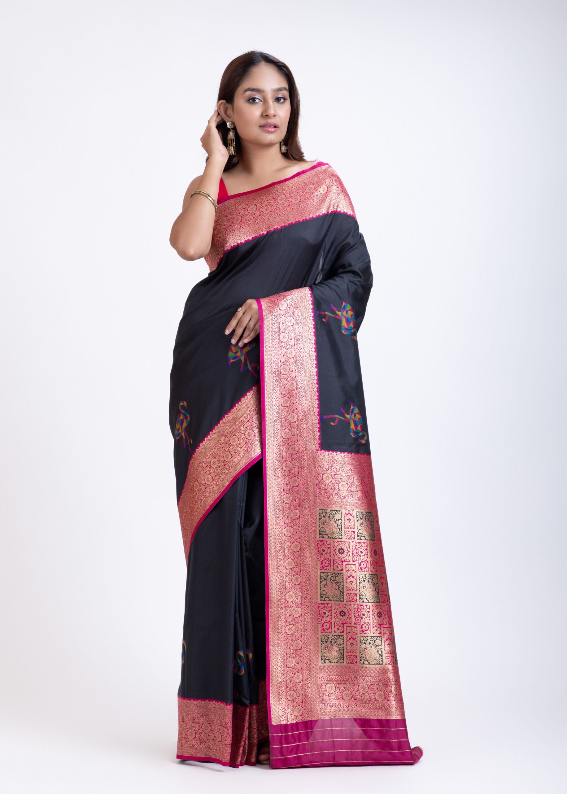Black Silk Saree With Pink Border Full

