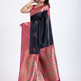 Black Silk Saree With Pink Border Front
