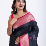 Black Silk Saree With Pink Border Close Up

