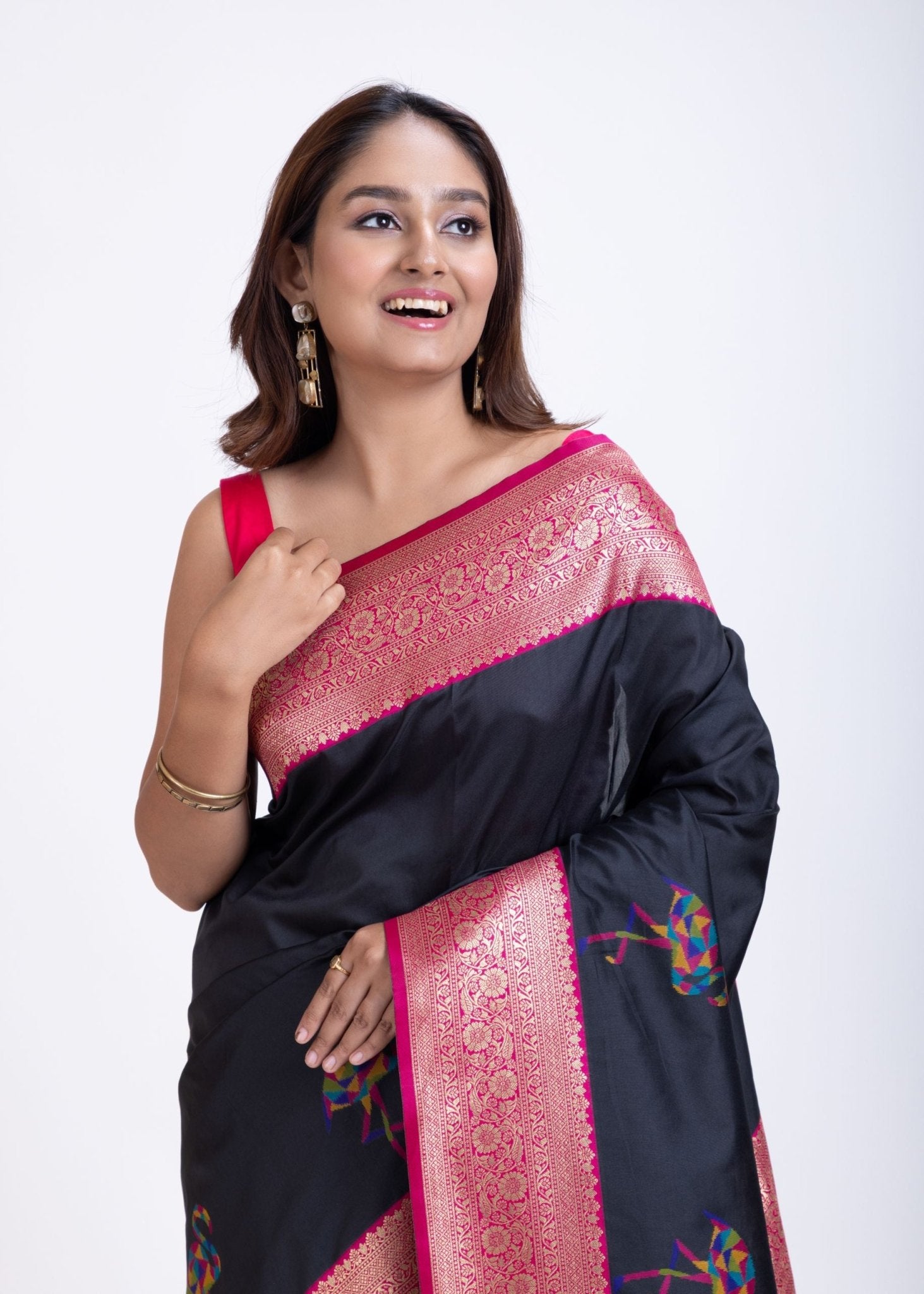 Black Silk Saree With Pink Border - Anvi Couture