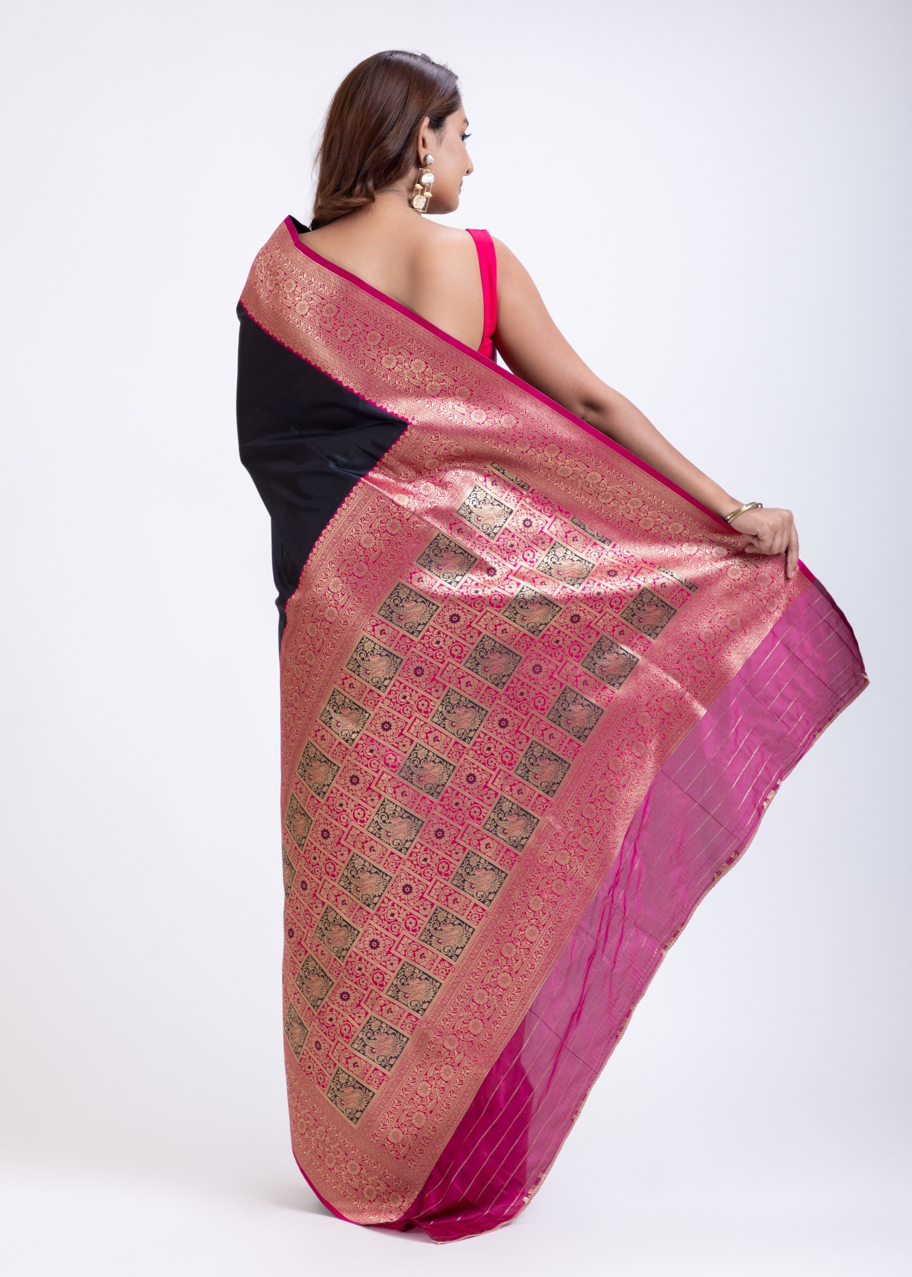 Black Silk Saree With Pink Border Back
