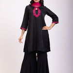 Black Silk Sharara Set With Pink Georgette Dupatta - Anvi Couture