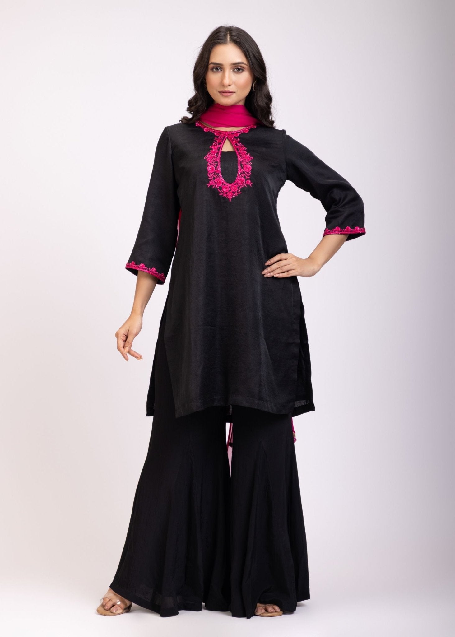 Black Silk Sharara Set With Pink Georgette Dupatta - Anvi Couture