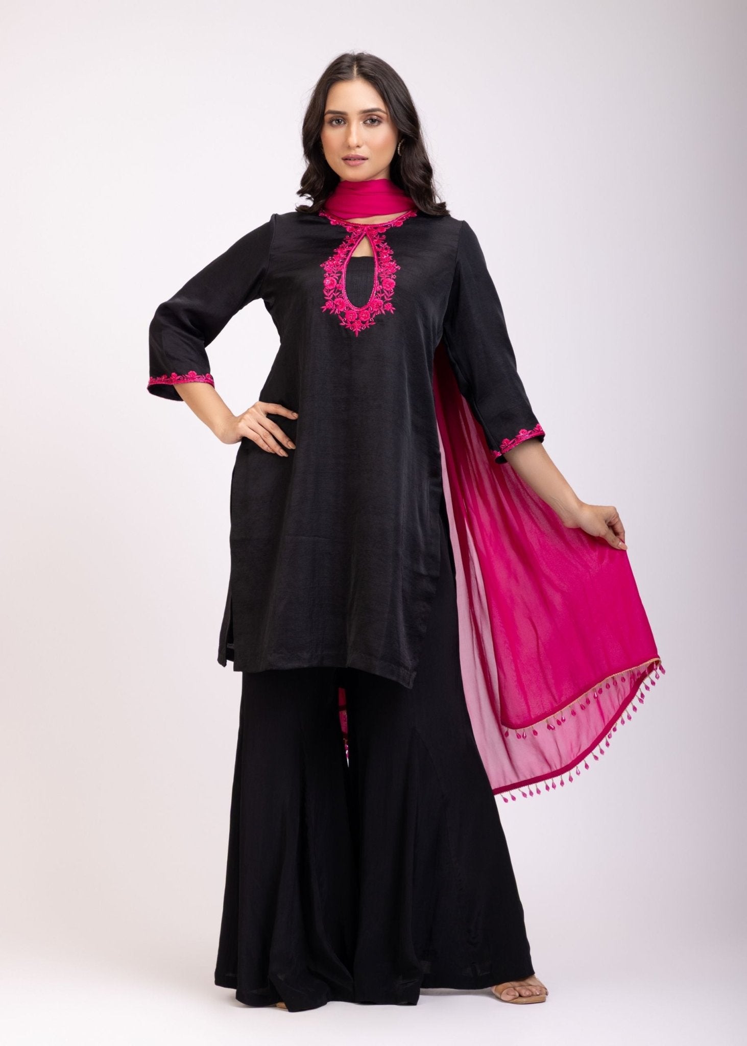 Black Silk Sharara Set With Pink Georgette Dupatta - Anvi Couture