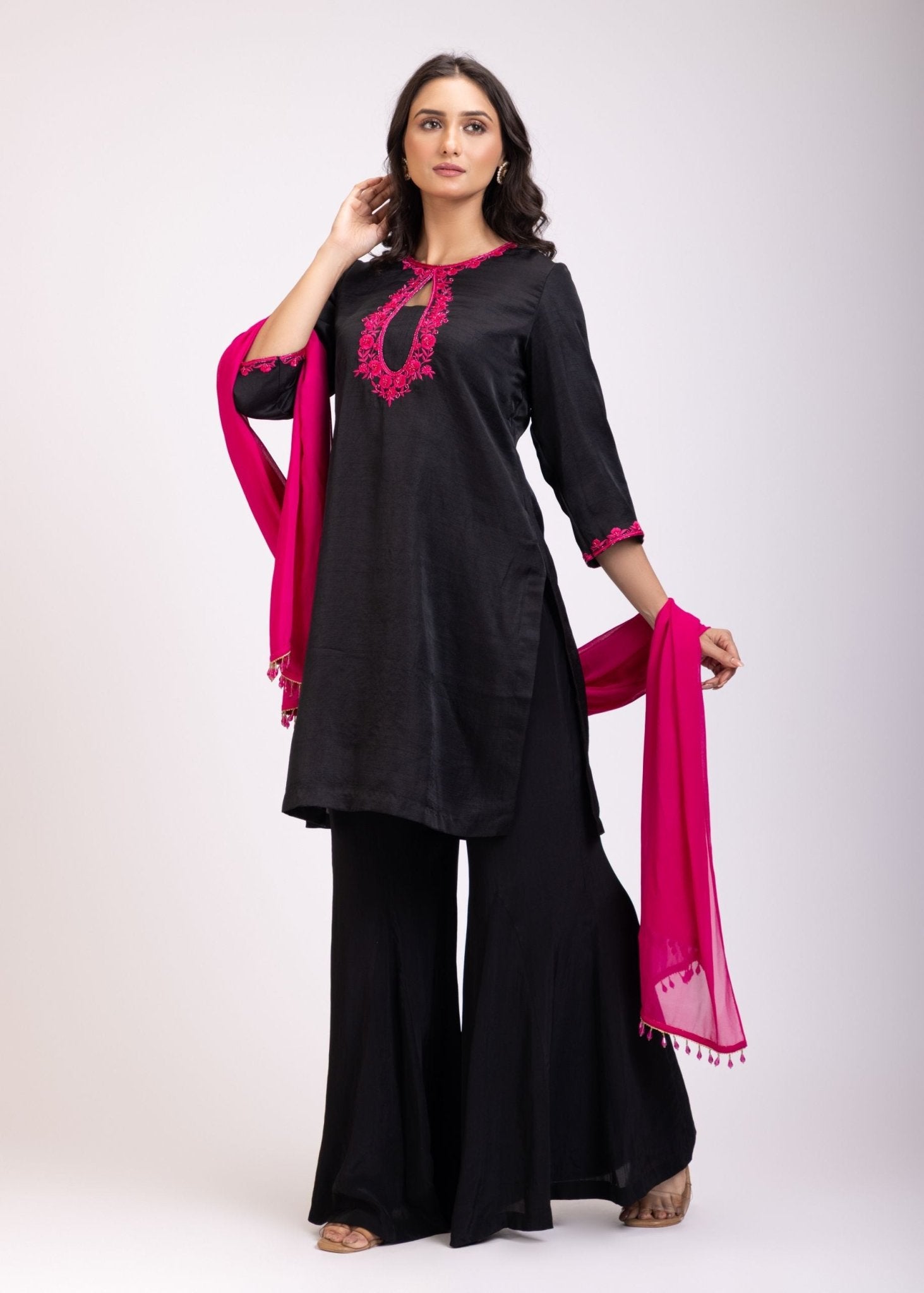 Black Silk Sharara Set With Pink Georgette Dupatta - Anvi Couture