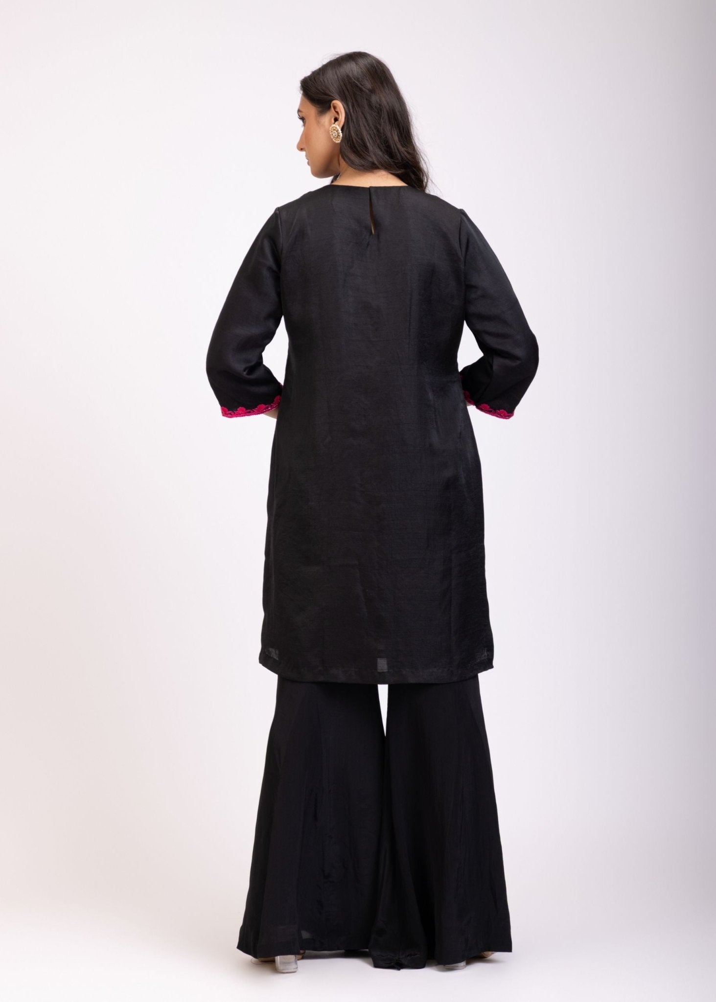 Black Silk Sharara Set With Pink Georgette Dupatta - Anvi Couture