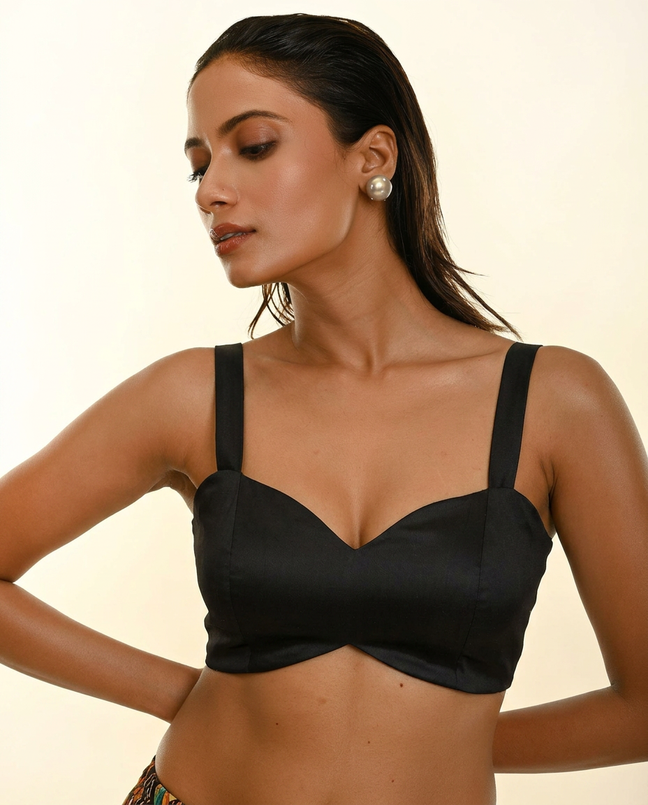 Black Sleeveless Cotton Blouse with Cross Back Design close up