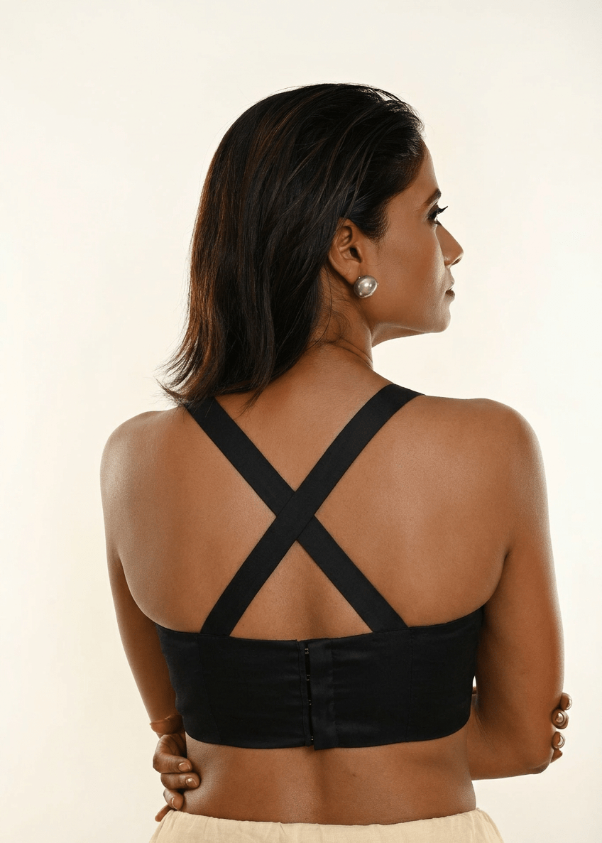 Black Sleeveless Cotton Blouse with Cross Back Design - Anvi Couture