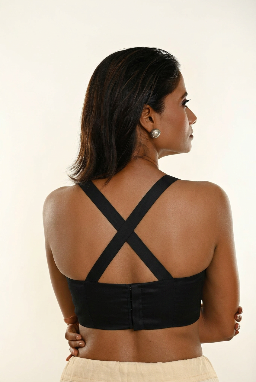 Black Sleeveless Cotton Blouse with Cross Back Design back