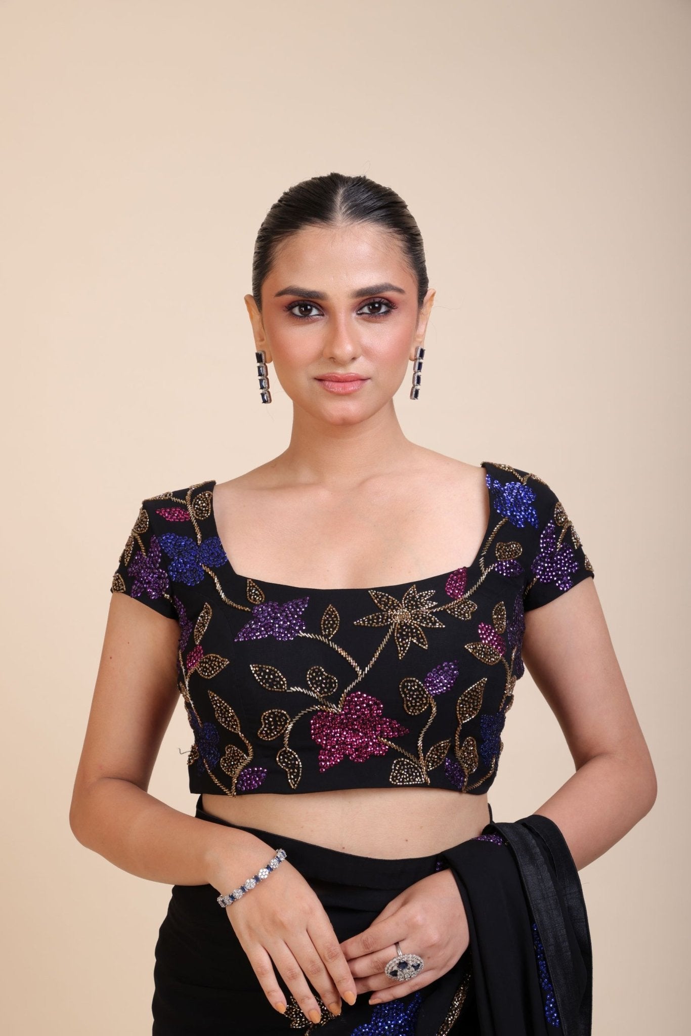 Black Square Neck Sequin Embroidered Blouse - Anvi Couture
