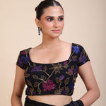 Black Square Neck Sequin Embroidered Blouse Front
