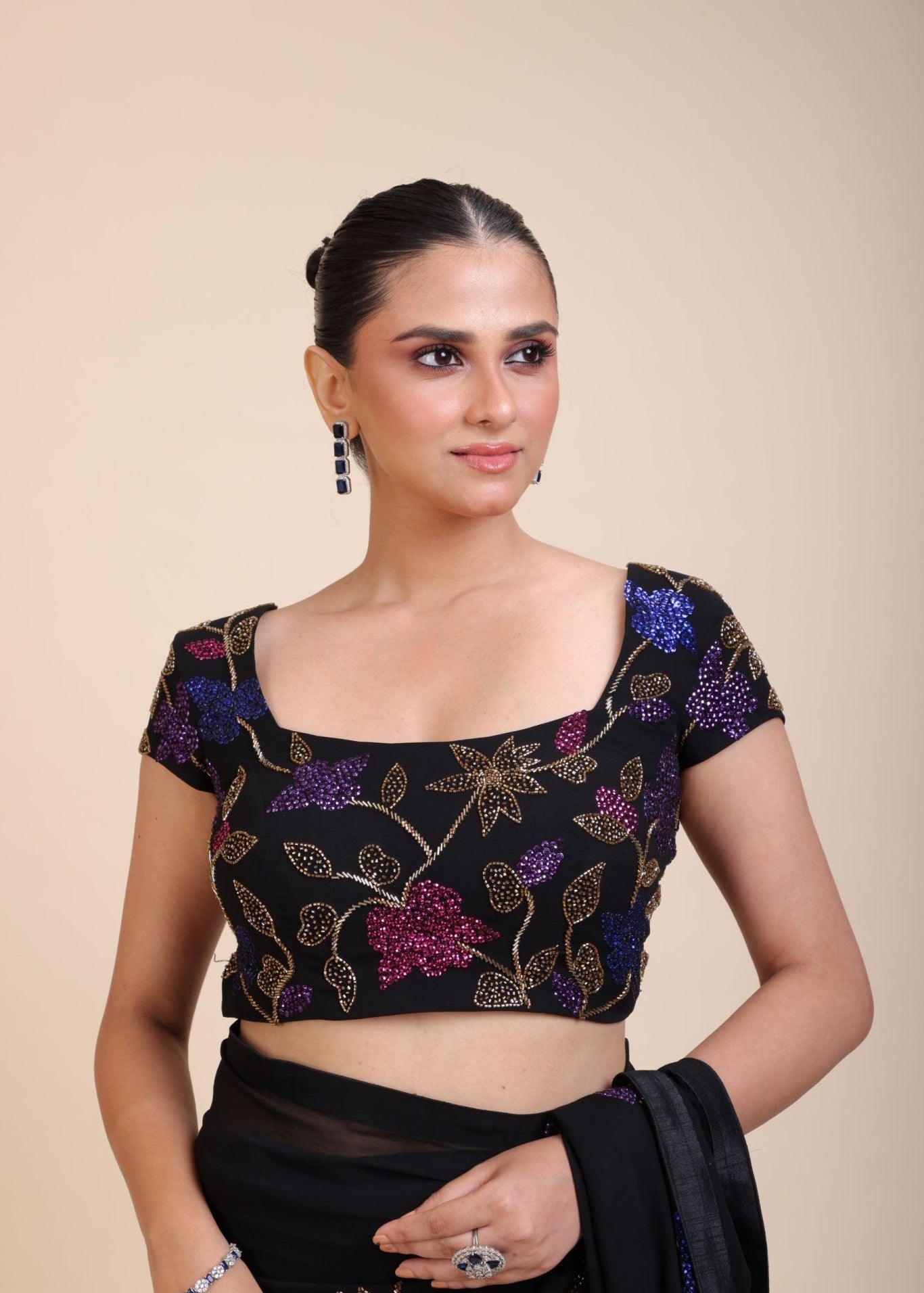 Black Square Neck Sequin Embroidered Blouse - Anvi Couture